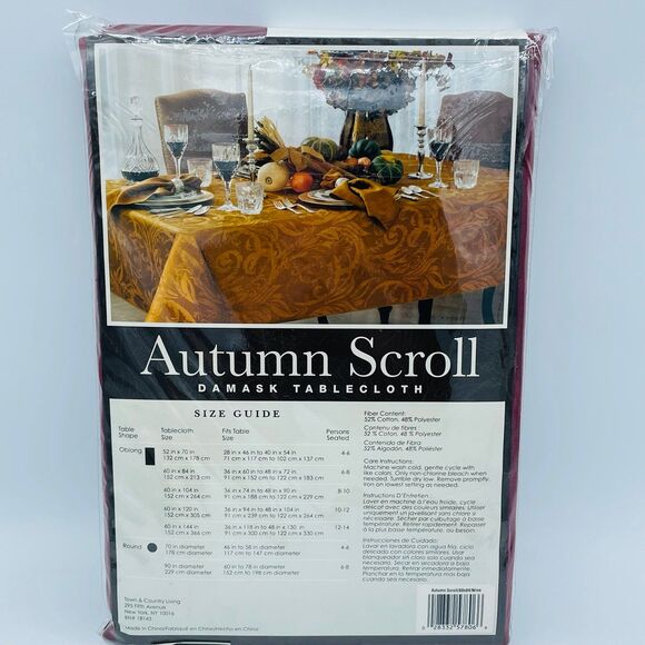 Fall Style Autumn Scroll Wine Cranberry Damask Oblong Oval Tablecloth 60” x 84” - Picture 5 of 8